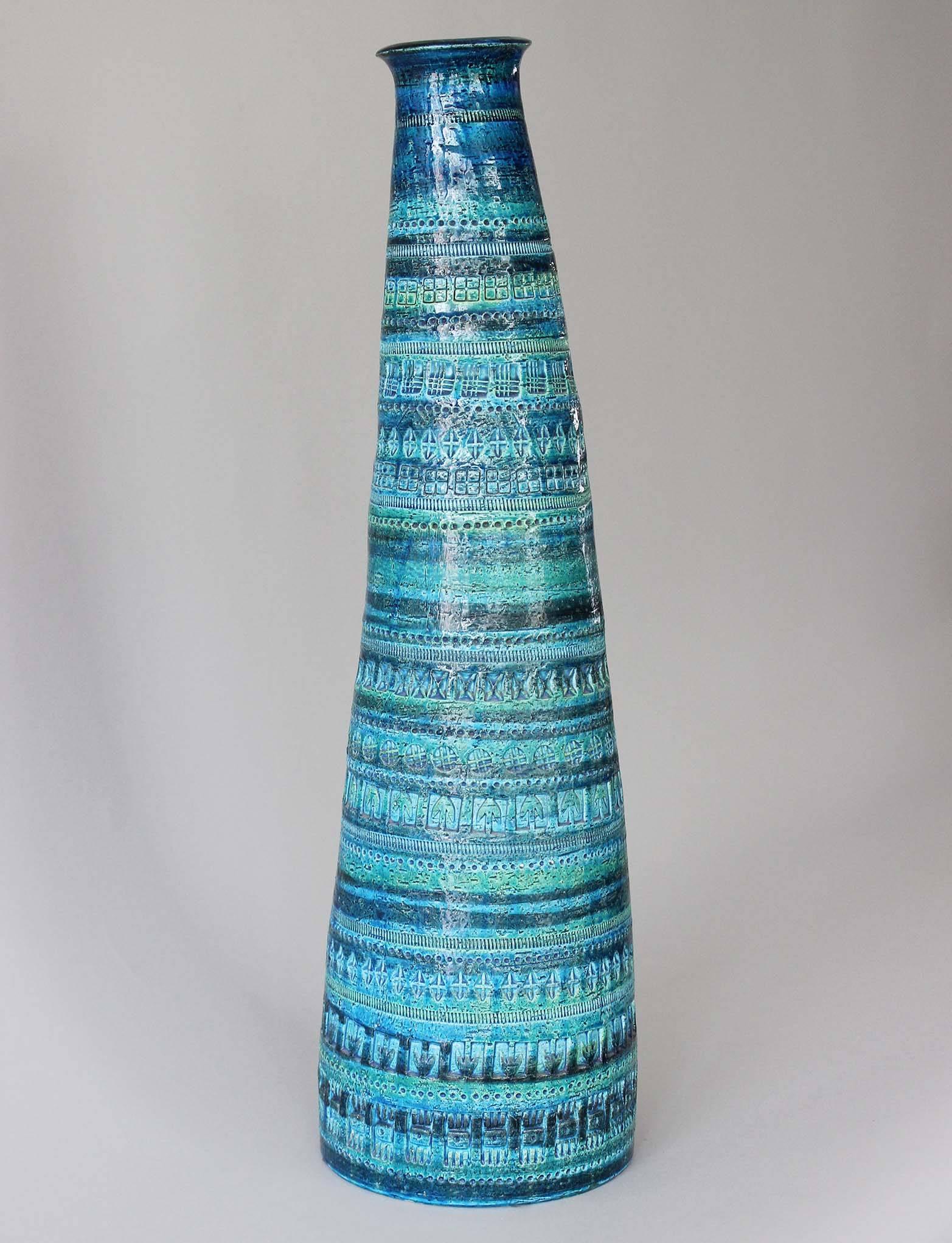 Exceptionally tall stripes of blue and green glazed vase with incised pattern details by Bitossi for Raymor.
 