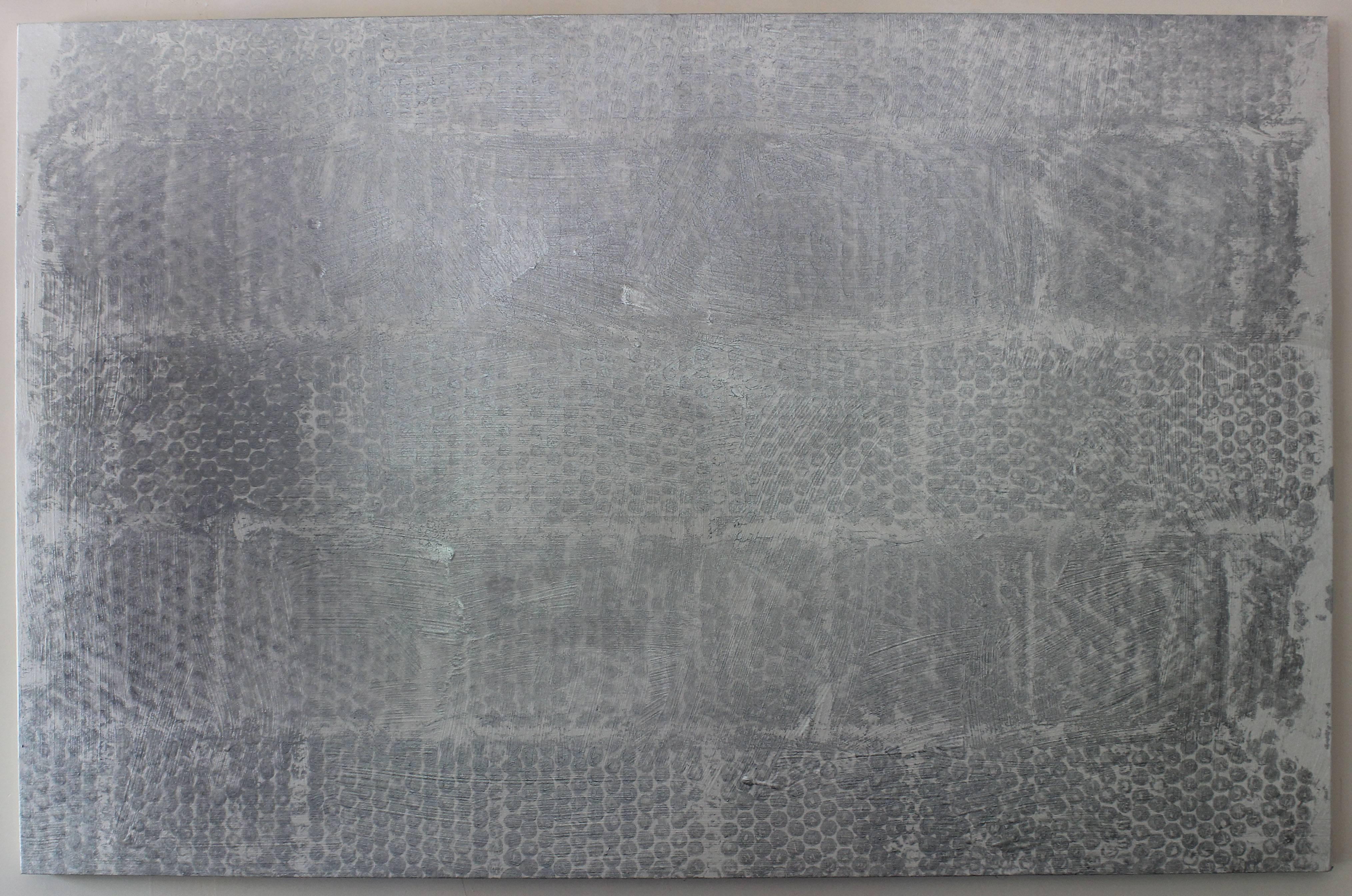 Channelling Agnes Martin intersepted by Jasper Johns, in irredescent and metallic paint on canvas; 2016.