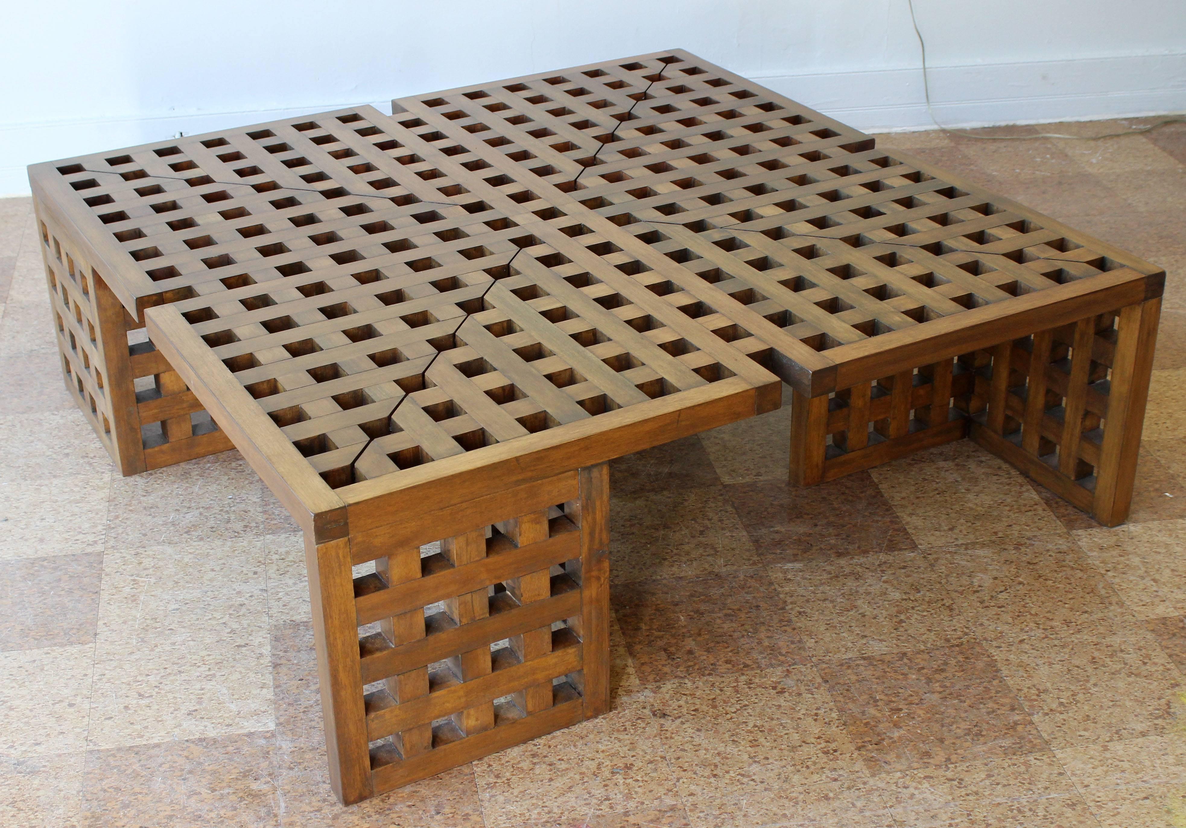 A stunning, solid wood grid pattern coffee table attributed to Giovanni Michelucci.