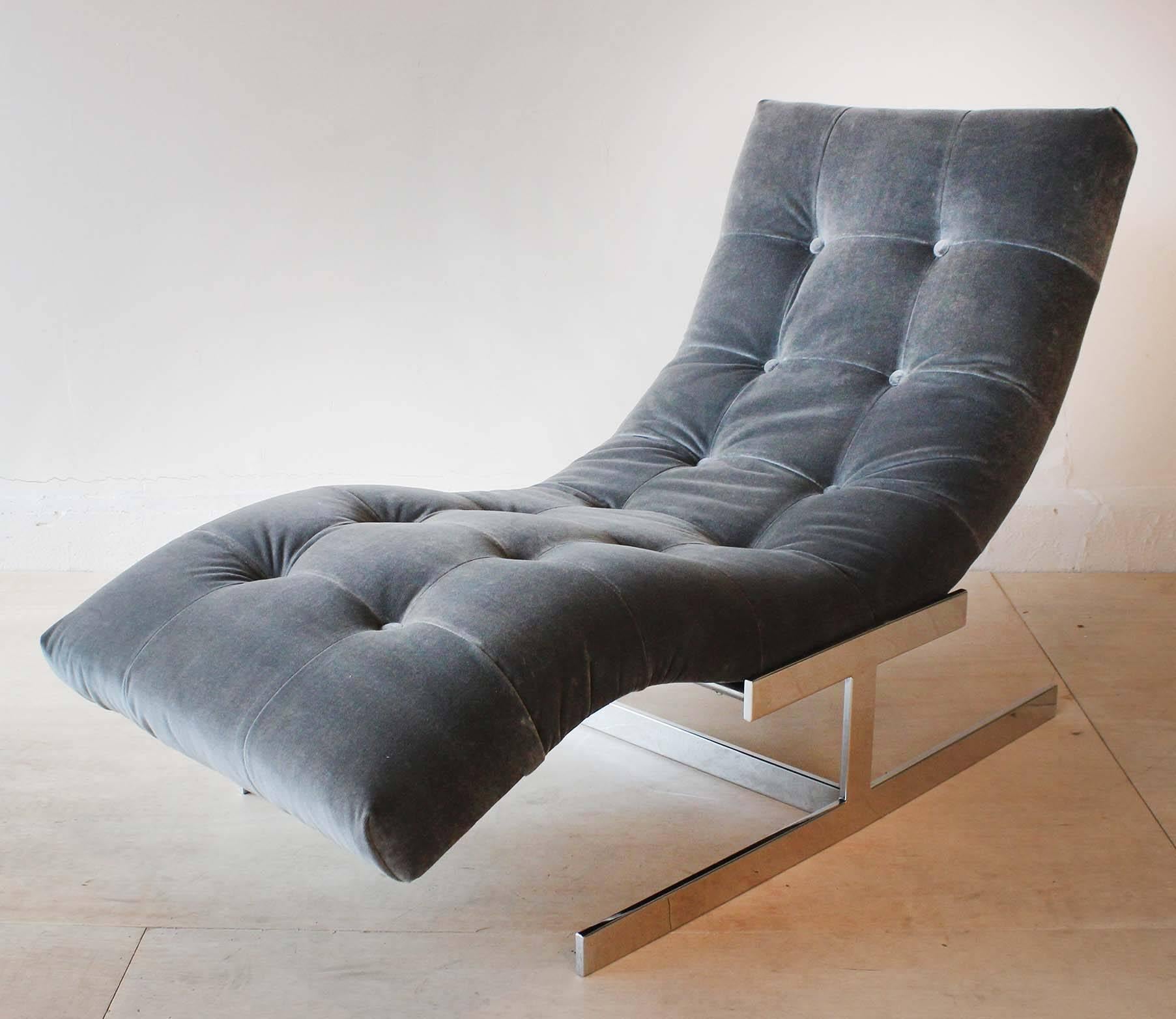 Chrome frame cantilever chaise newly upholstered in gray velvet, designed by Milo Baughman.