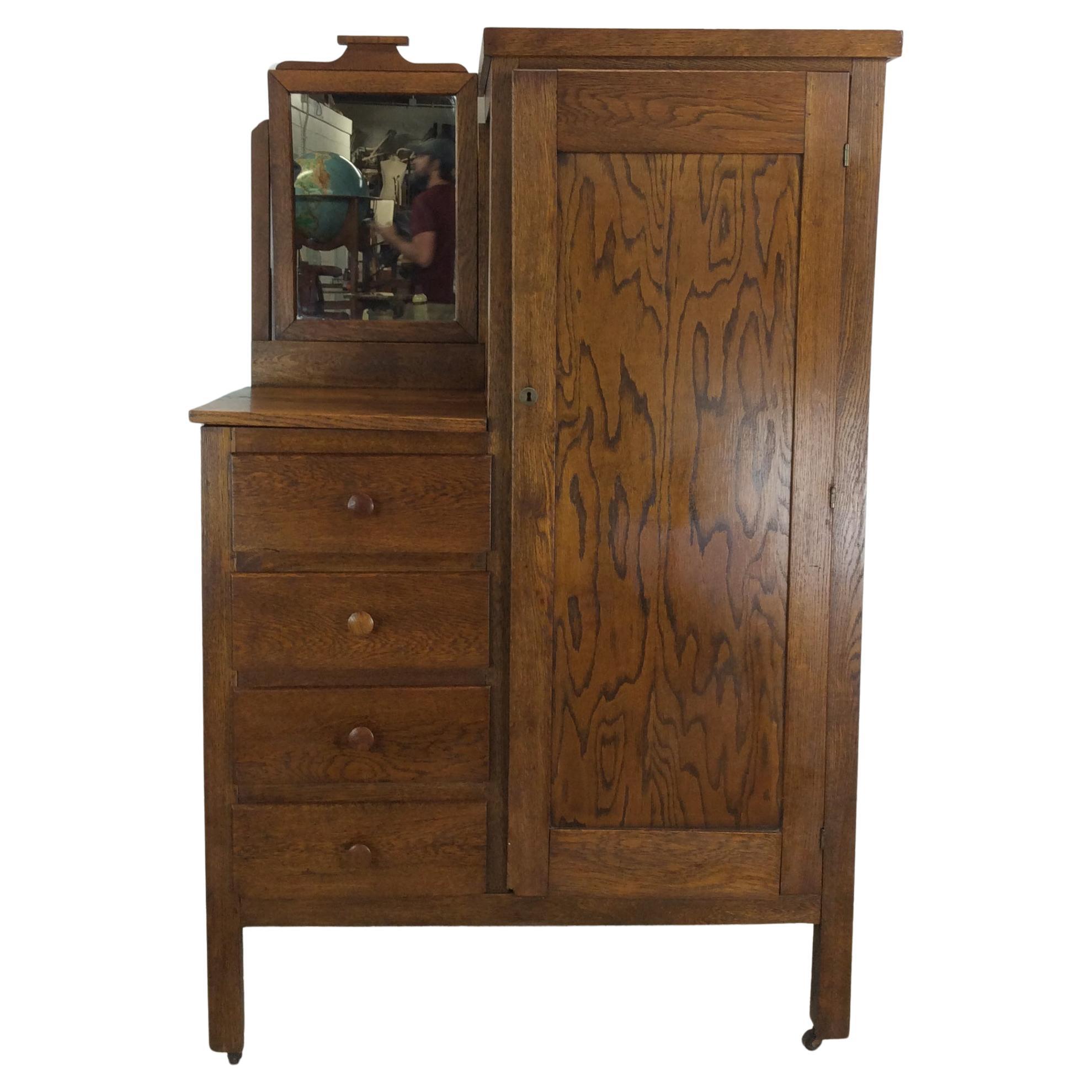 Antique Oak Side by Side Armoire with Mirror