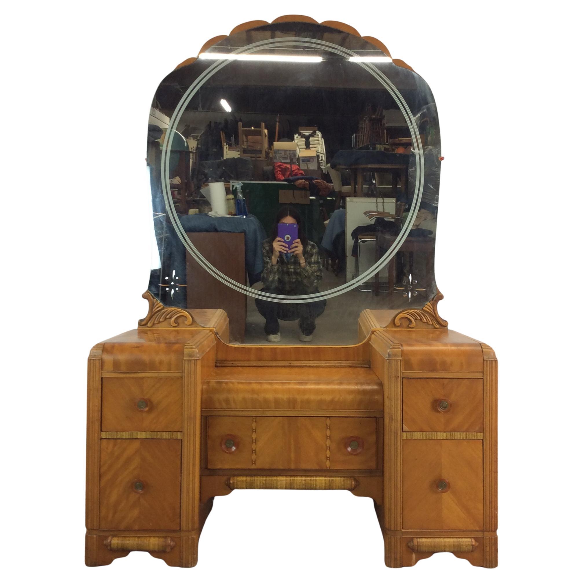 Art Deco Waterfall Vanity with Mirror & Matching Stool For Sale