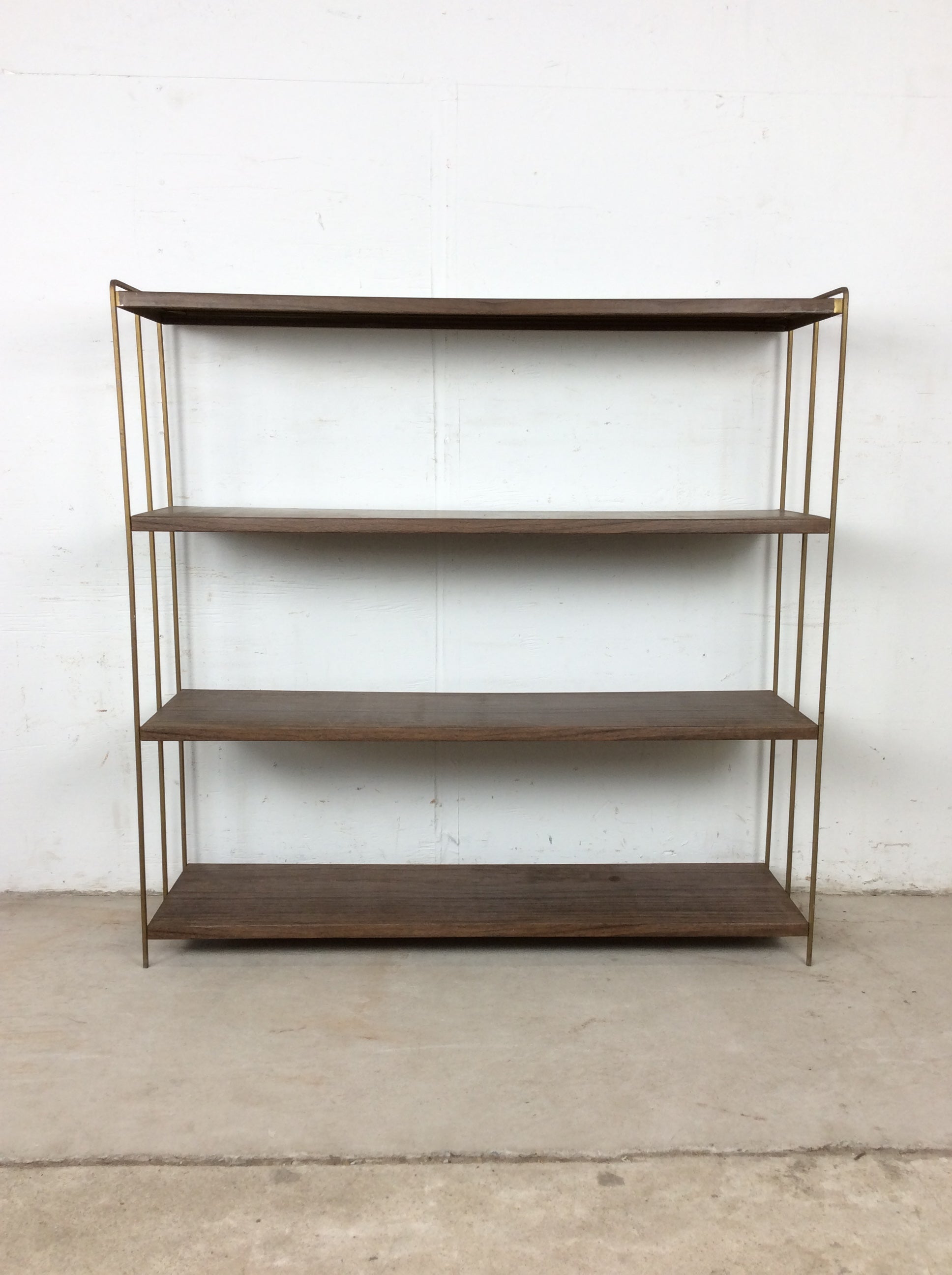 Mid Century Modern Metal Four Shelf Bookcase with Faux Wood Print