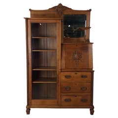 Antique Oak Side by Side with Drop Front Writing Desk & Mirror