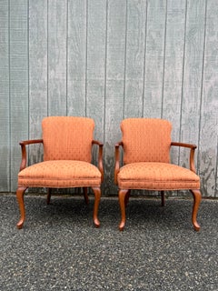 Pair of Vintage Queen Anne Style Upholstered Arm Chairs1