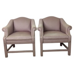 Pair Vintage Upholstered Arm Chairs with Polka Dot Pink Fabric