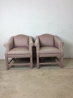 Pair Vintage Upholstered Arm Chairs with Polka Dot Pink Fabric