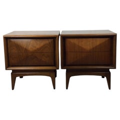 Pair of Mid Century Modern Nightstands with Diamond Front & Two Drawers