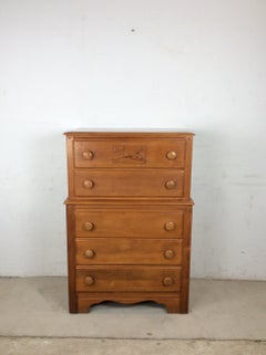 Mid Century Highboy Dresser with Carved Plane On Top Drawer
