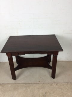 Antique Oak Writing Table with Drawer & Turned Wood Legs On Wheels