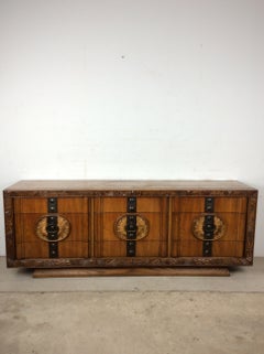 Mid Century Modern Lowboy Dresser with Ornate Brass Hardware & Mounted Mirror