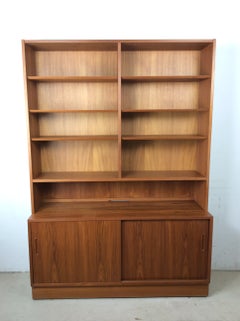 Danish Modern Two Piece Shelving Unit with Adjustable Shelves & Sliding Doors
