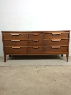 Mid Century Modern Lowboy Dresser with 9 Drawers & Mounted Mirror by Johnson Car