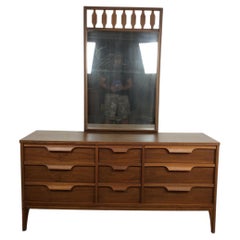 Mid Century Modern Lowboy Dresser with 9 Drawers & Mounted Mirror by Johnson Car