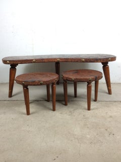 Mid Century Modern Embossed Leather & Teak Coffee Table with Matching Stools