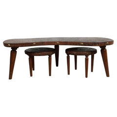 Mid Century Modern Embossed Leather & Teak Coffee Table with Matching Stools