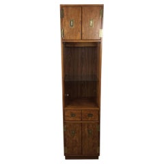 Mid Century Modern Campaign Style Wall Unit with Lighted Glass Shelf by Stanley