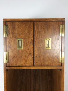 Mid Century Modern Campaign Style Wall Unit with Lighted Glass Shelf by Stanley