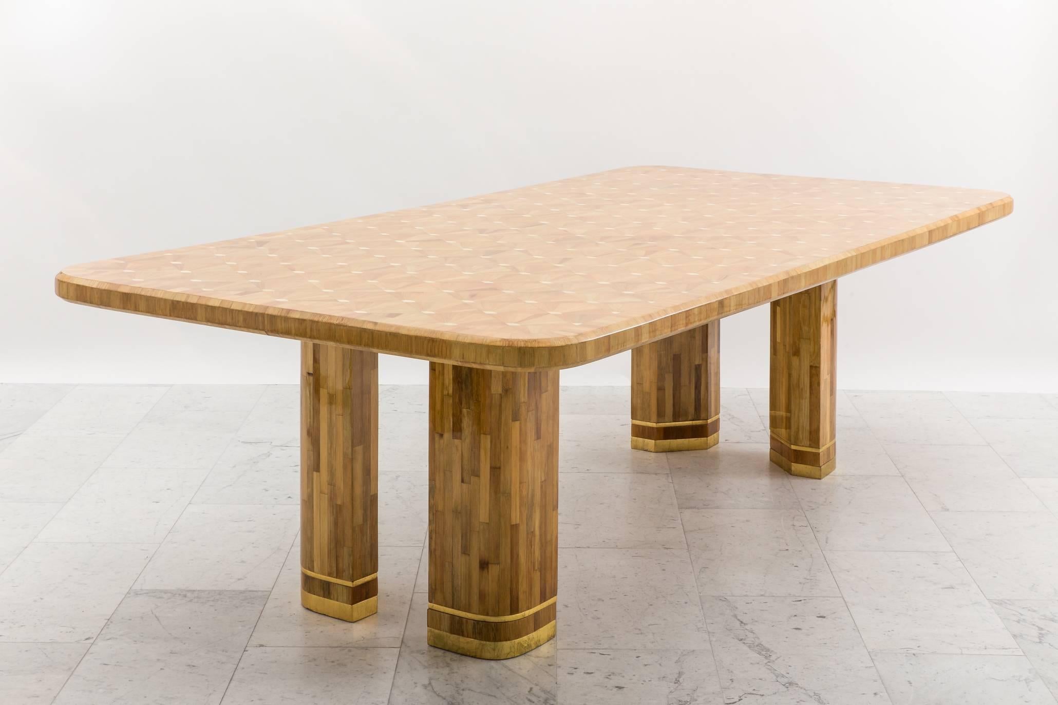 Ron Seff, Raffia Wood Marquetry Dining Table, USA, circa 1980 In Excellent Condition In New York, NY