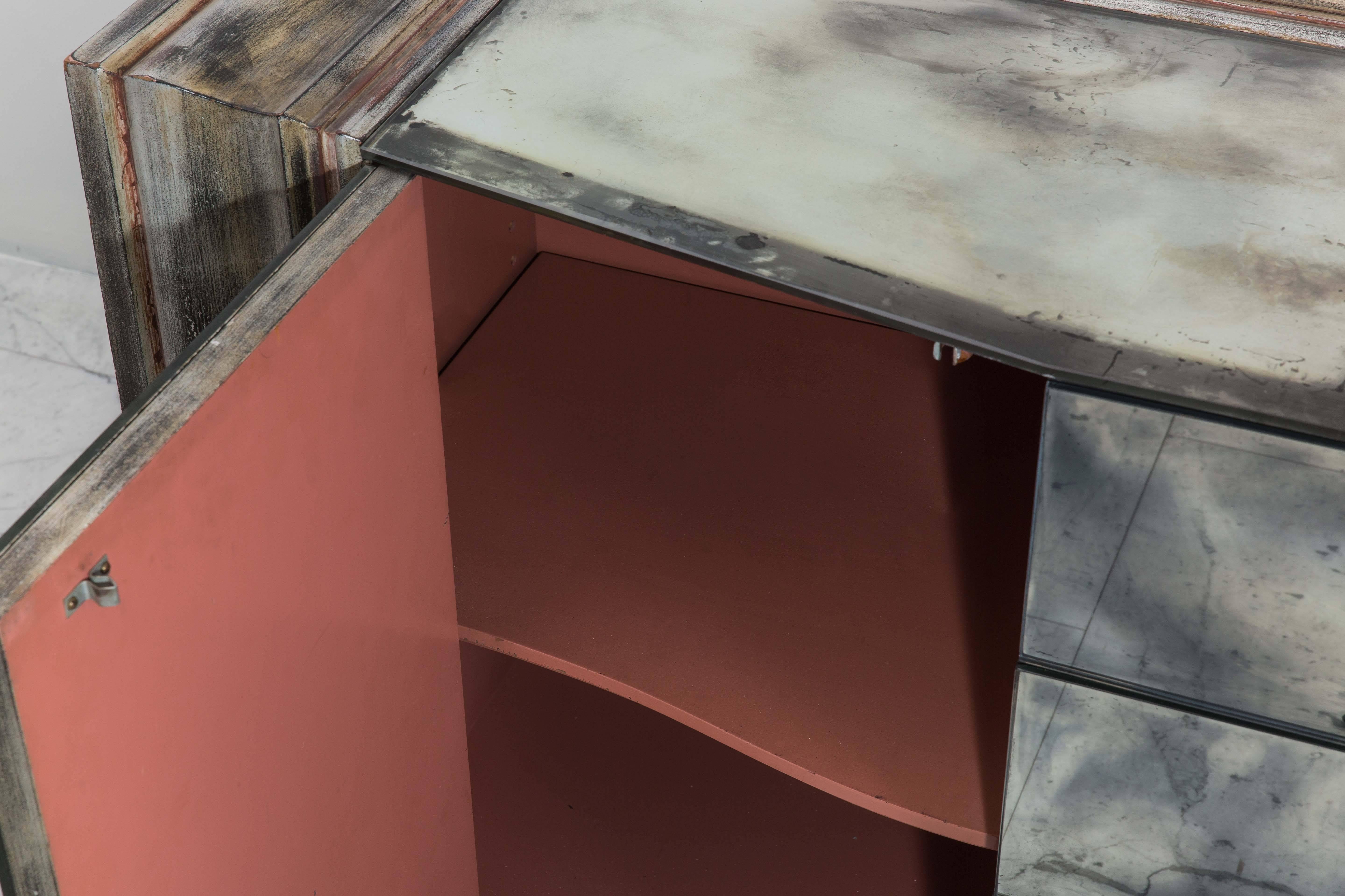 James Mont Smoked Mirror and Silver Leafed Breakfront Sideboard, USA circa 1950s In Fair Condition In New York, NY