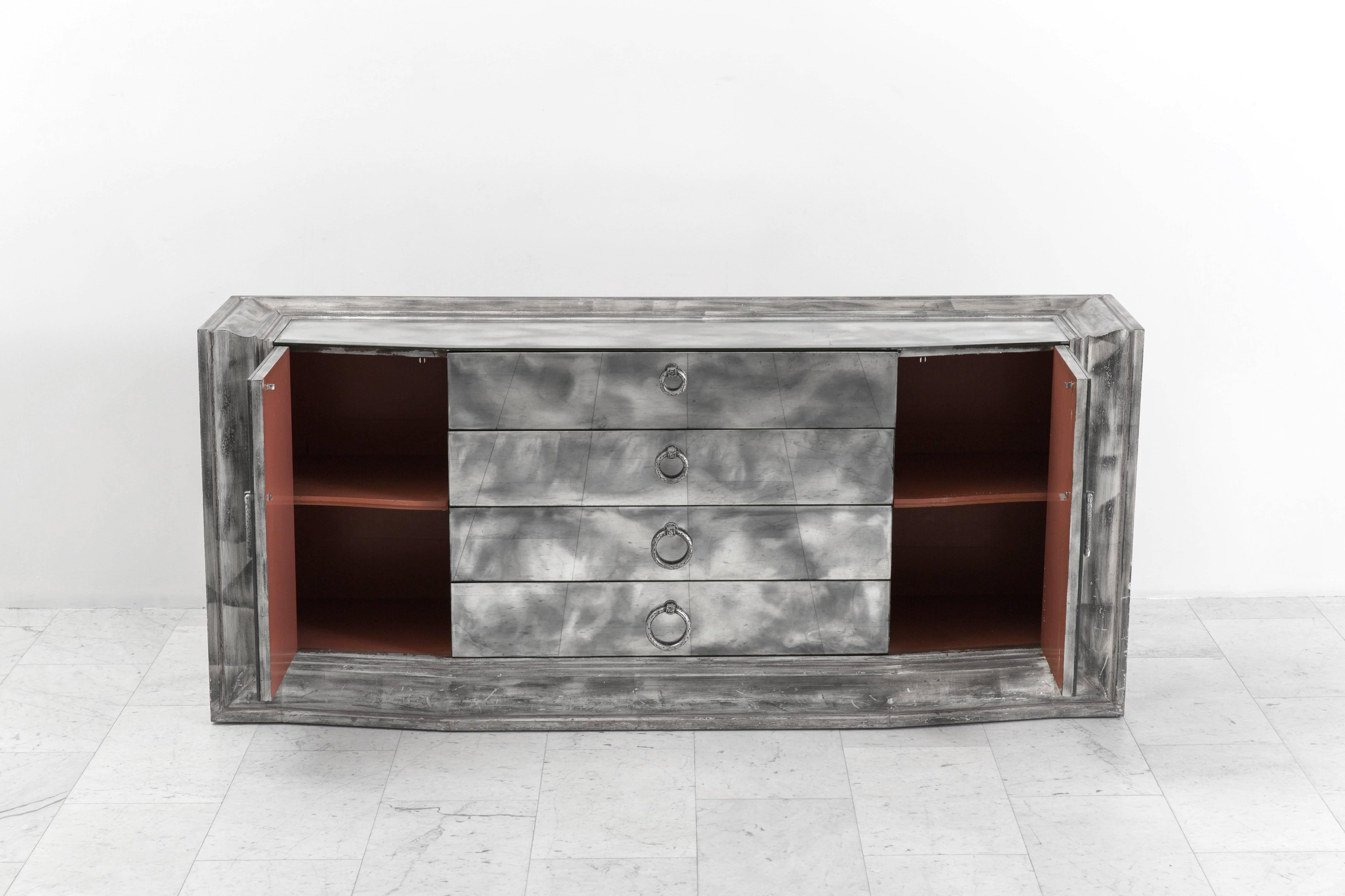 James Mont Smoked Mirror and Silver Leafed Breakfront Sideboard, USA circa 1950s 2