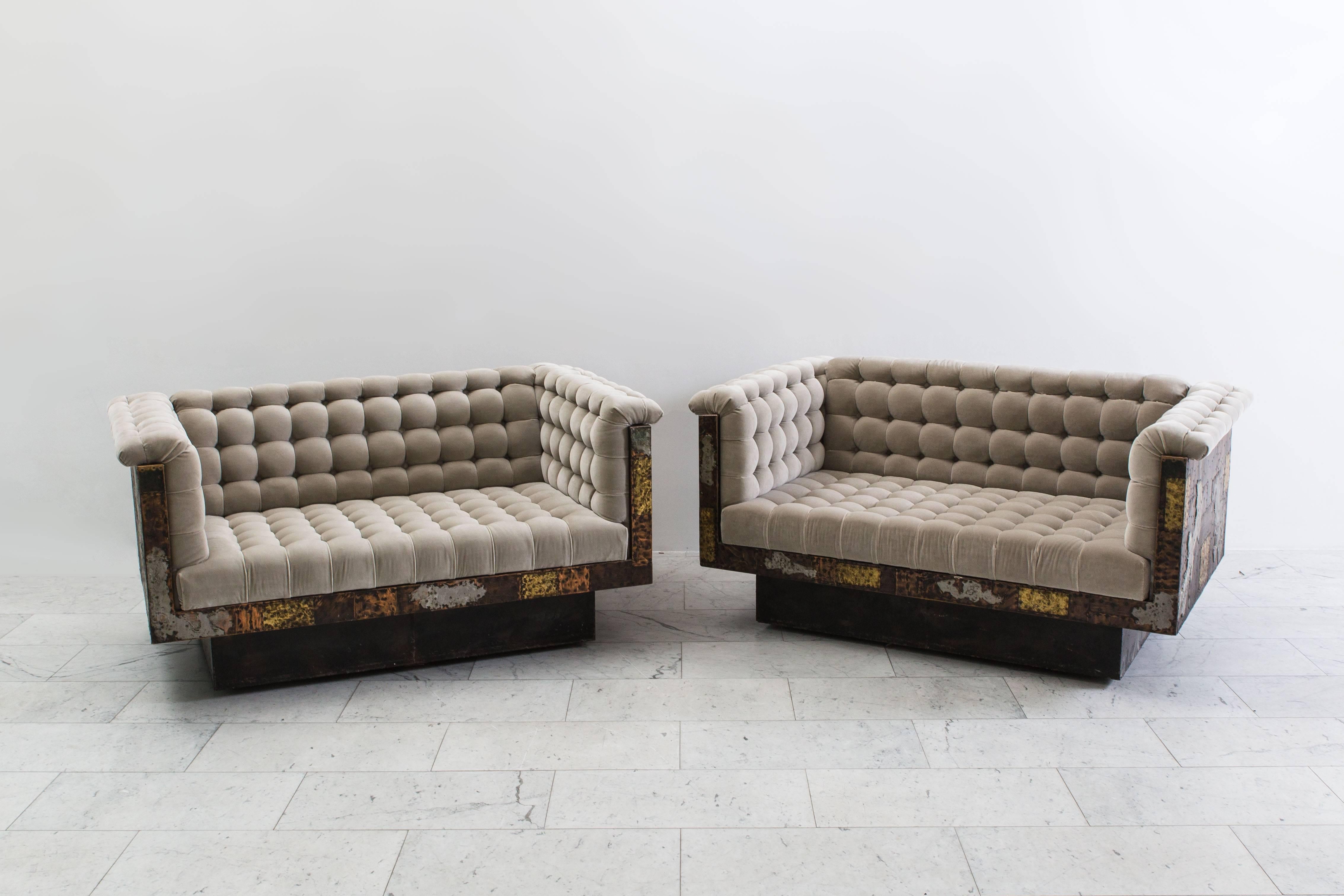 American Paul Evans Bronze, Copper and Pewter Patchwork Settees, USA, circa 1970