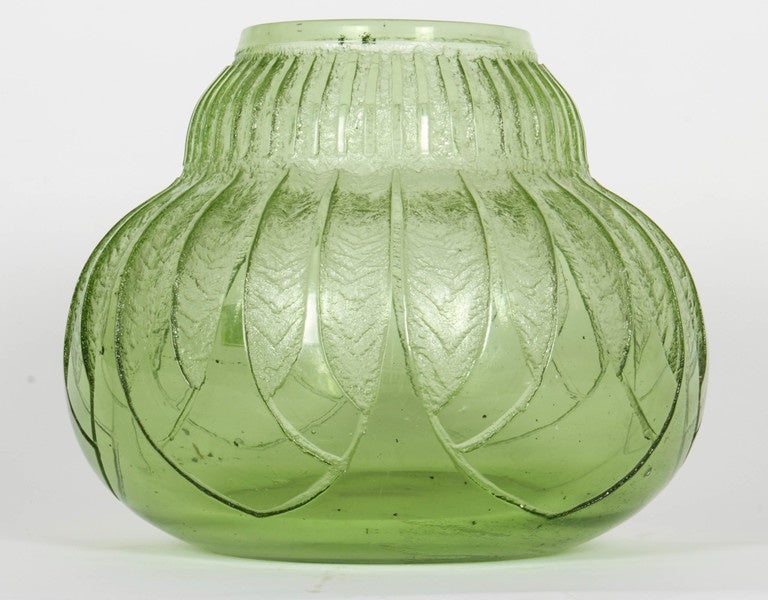 Acid etched green glass vase, signed Daum Nancy France, circa 1930.