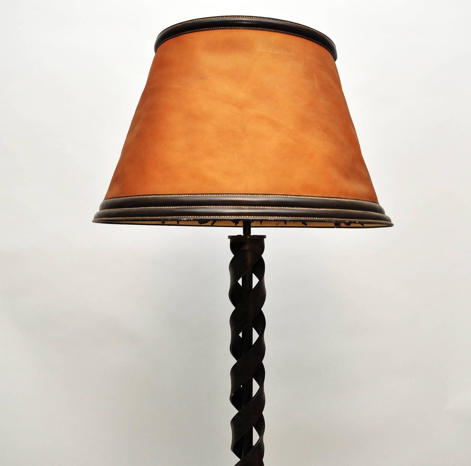 French Art Deco wrought iron torchiere by Raymond Subes with original Hermes shade.