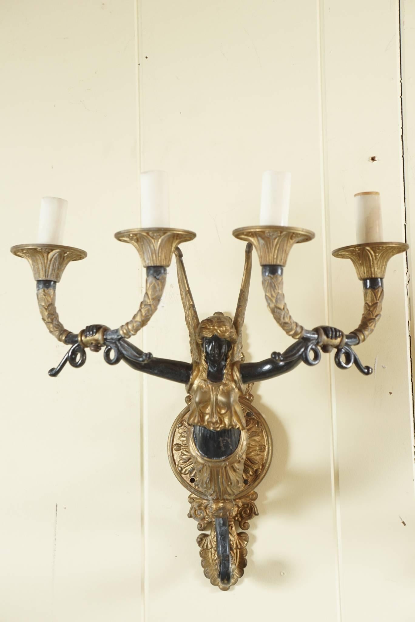 French Pair of Four Light Sconces in Bronze