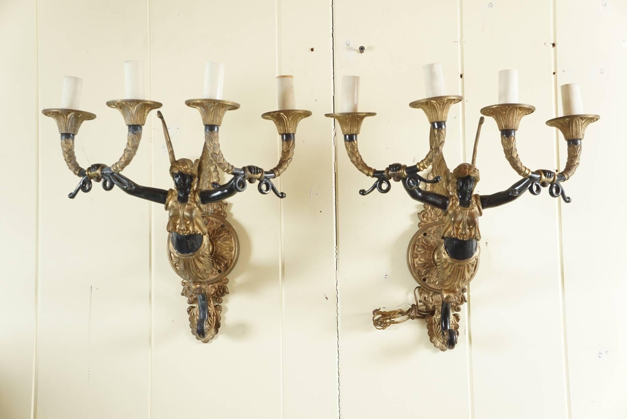 French Provincial Pair of Four Light Sconces in Bronze