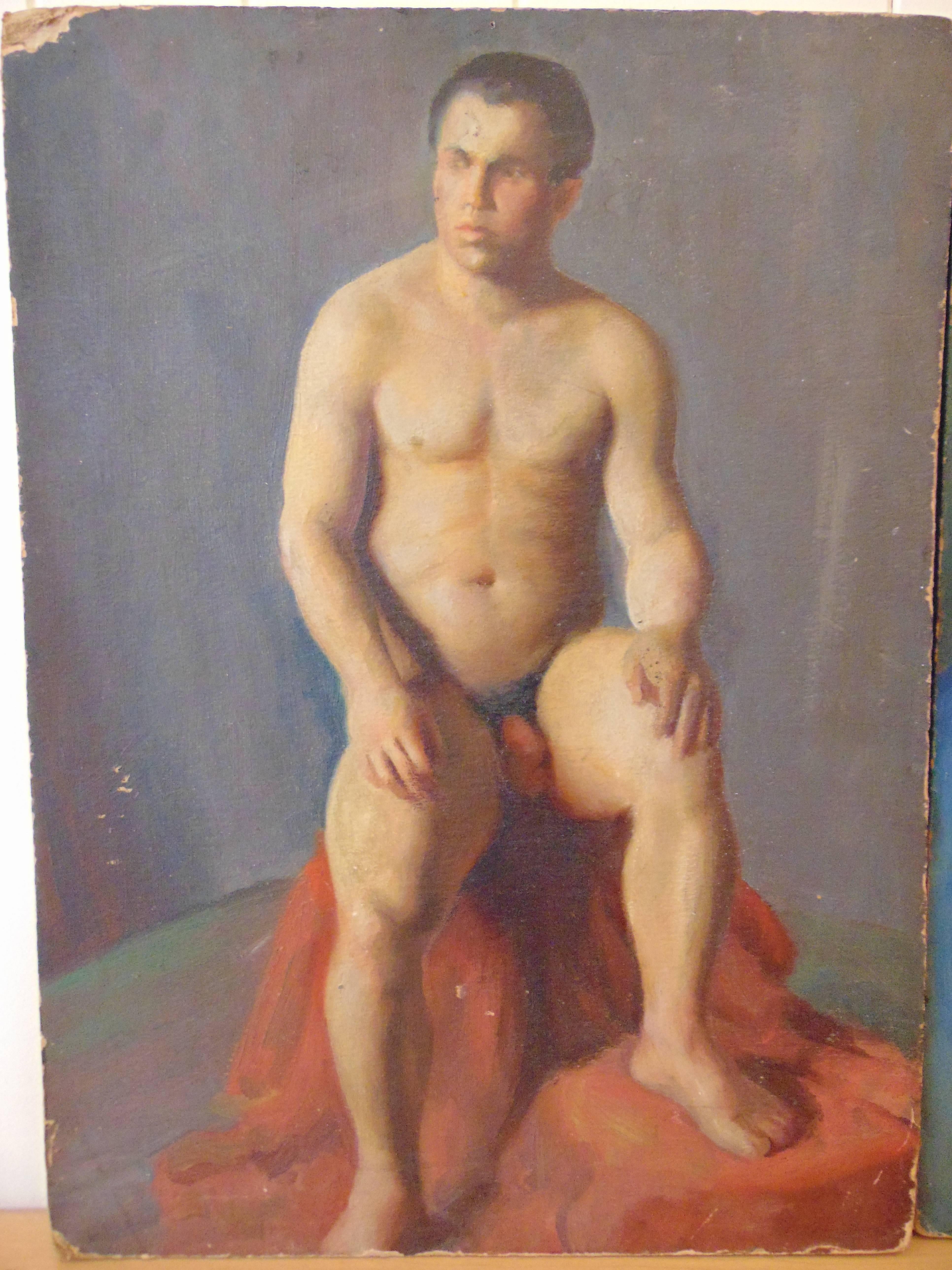 A pair of Male Nude Studies from 1923 by Paul M. Shearer, oil on board, unframed.
