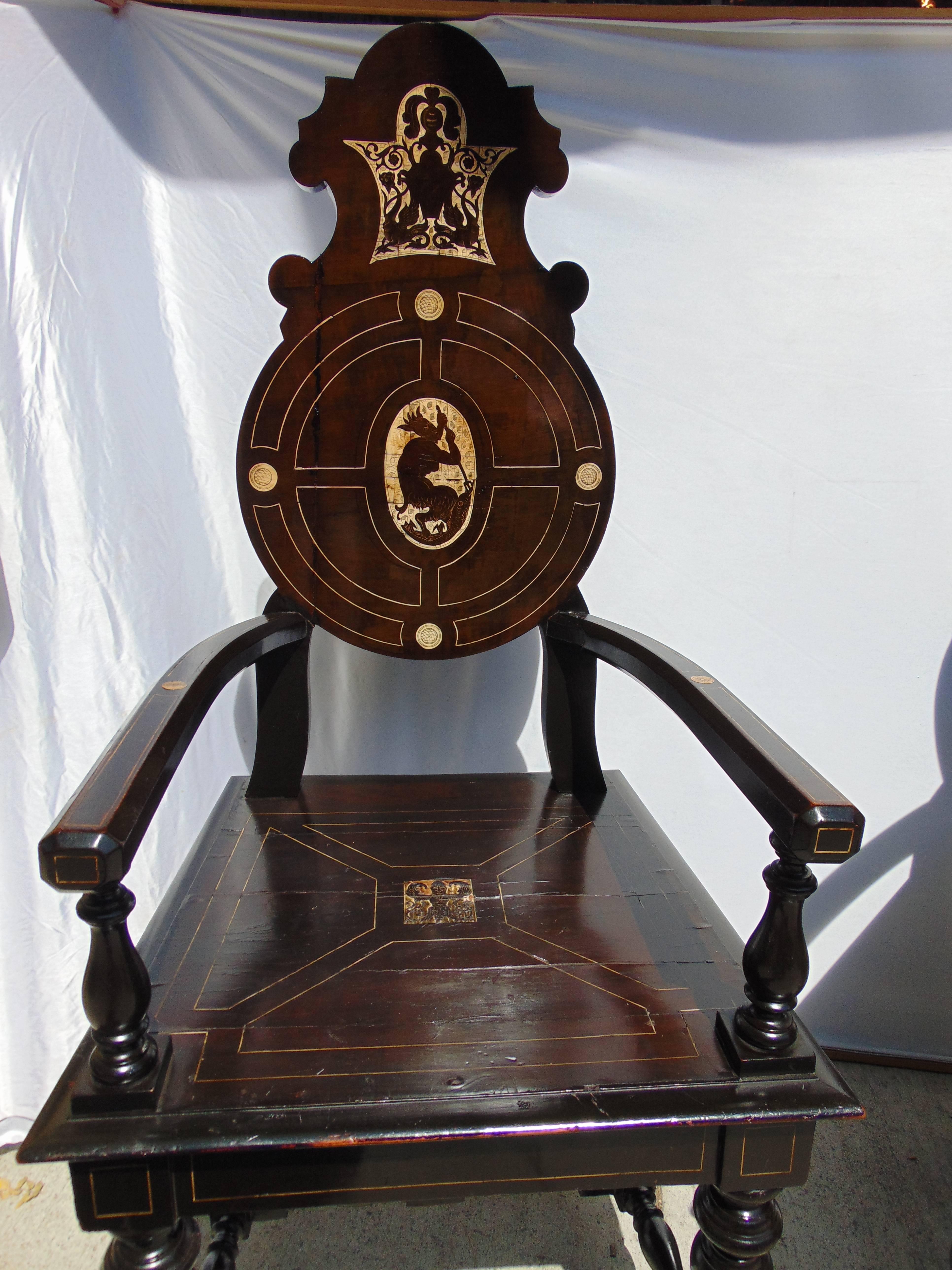 Mid-19th Century Pair of Unique Grand Tour Entry Hall Chairs with Bone Inlay For Sale
