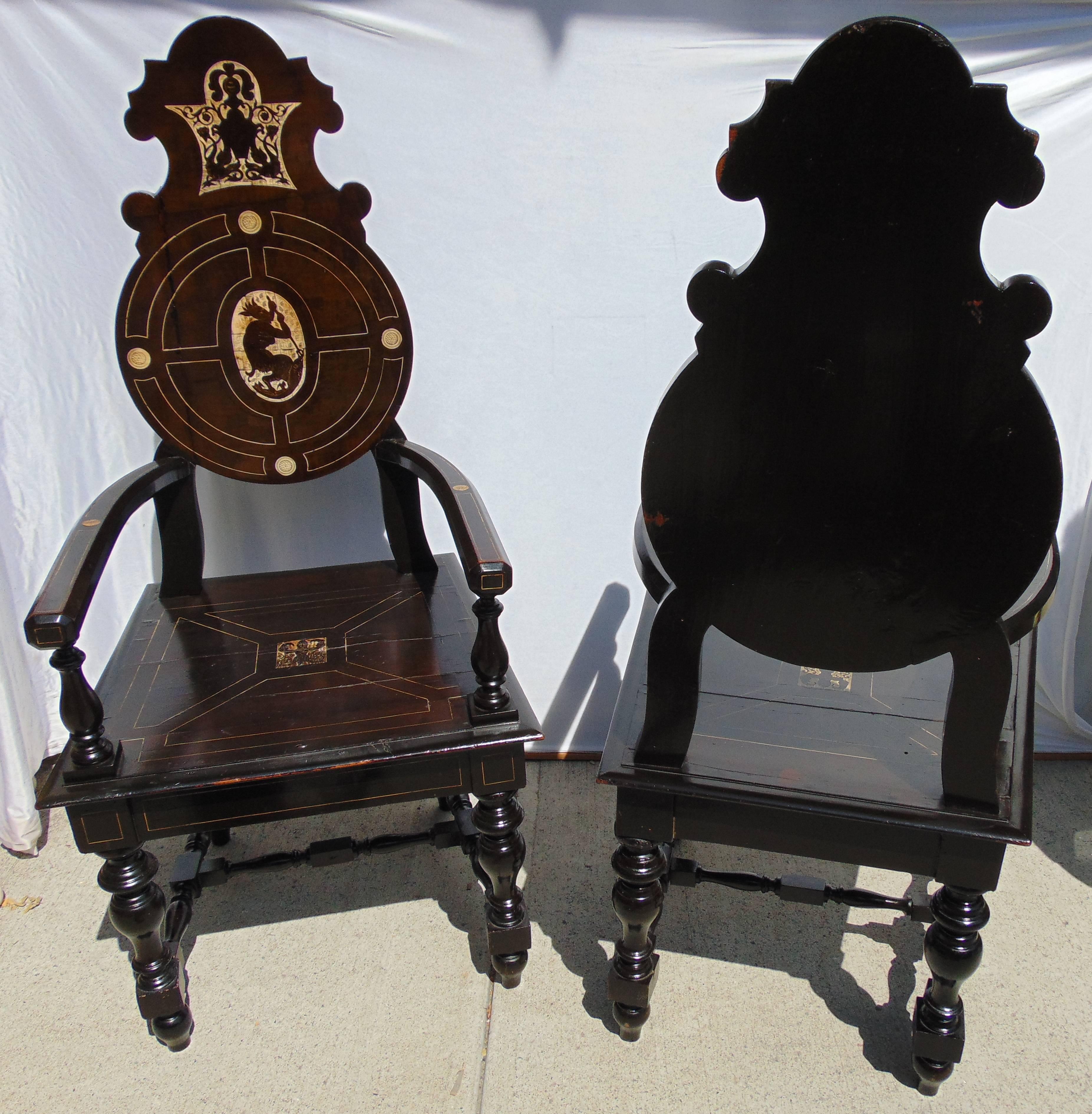 Pair of Unique Grand Tour Entry Hall Chairs with Bone Inlay For Sale 3