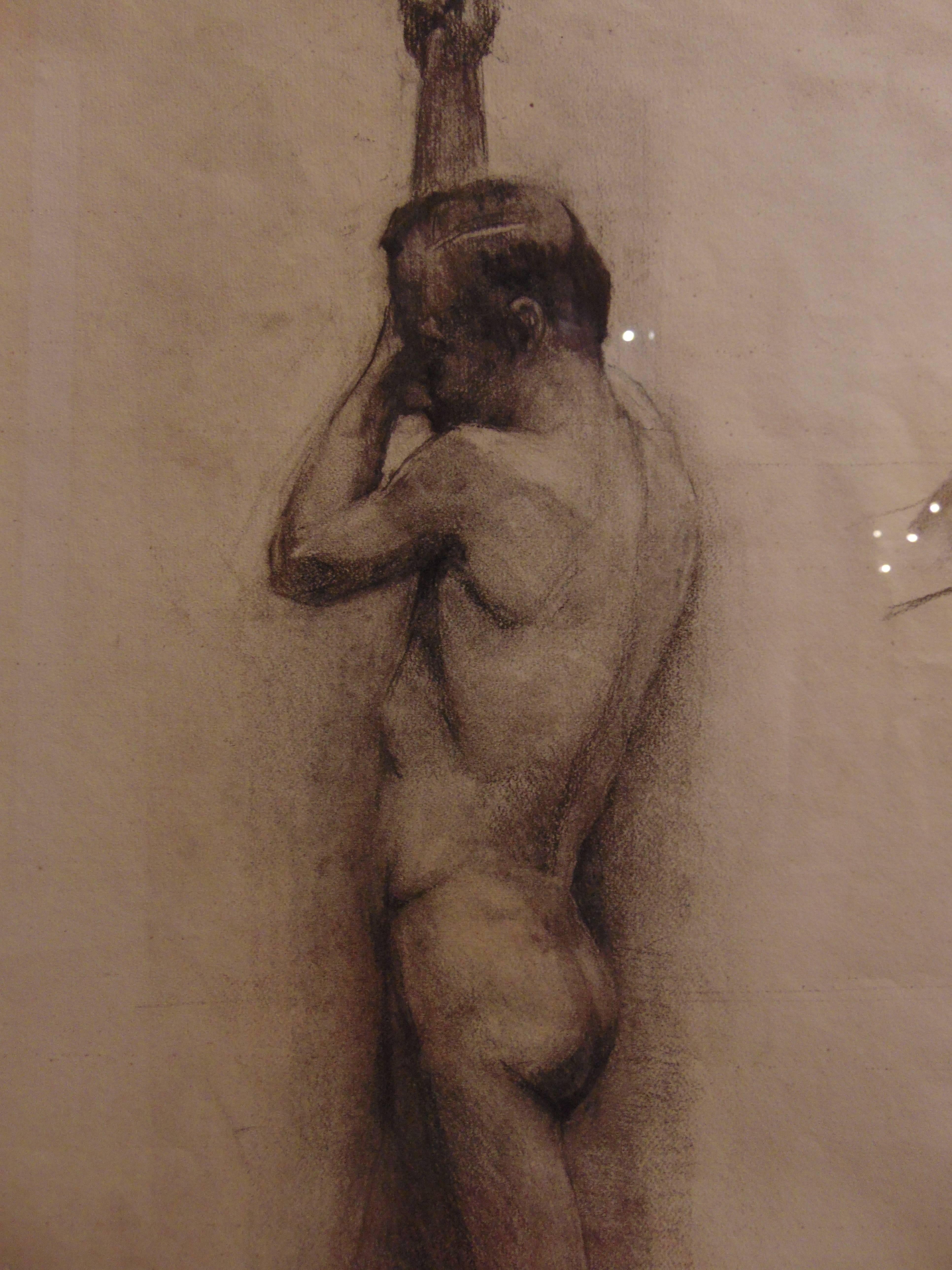 An academic male nude figure, charcoal drawing on paper from 1929 by N. M. Olshauson. Paper size is 24 x 18 inches.