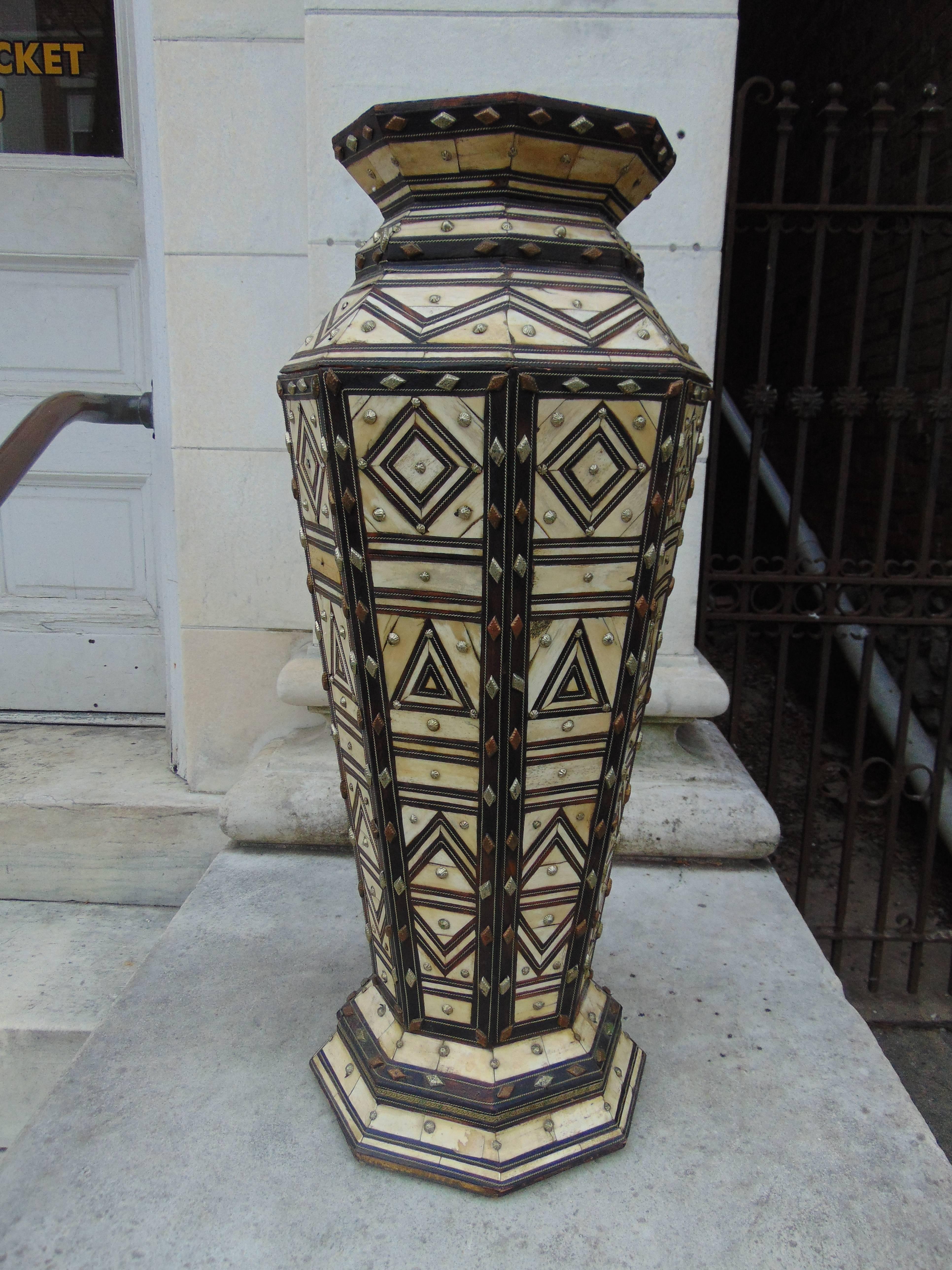 19th Century Bone, Silver, and Wood Marquetry Large Vase 1