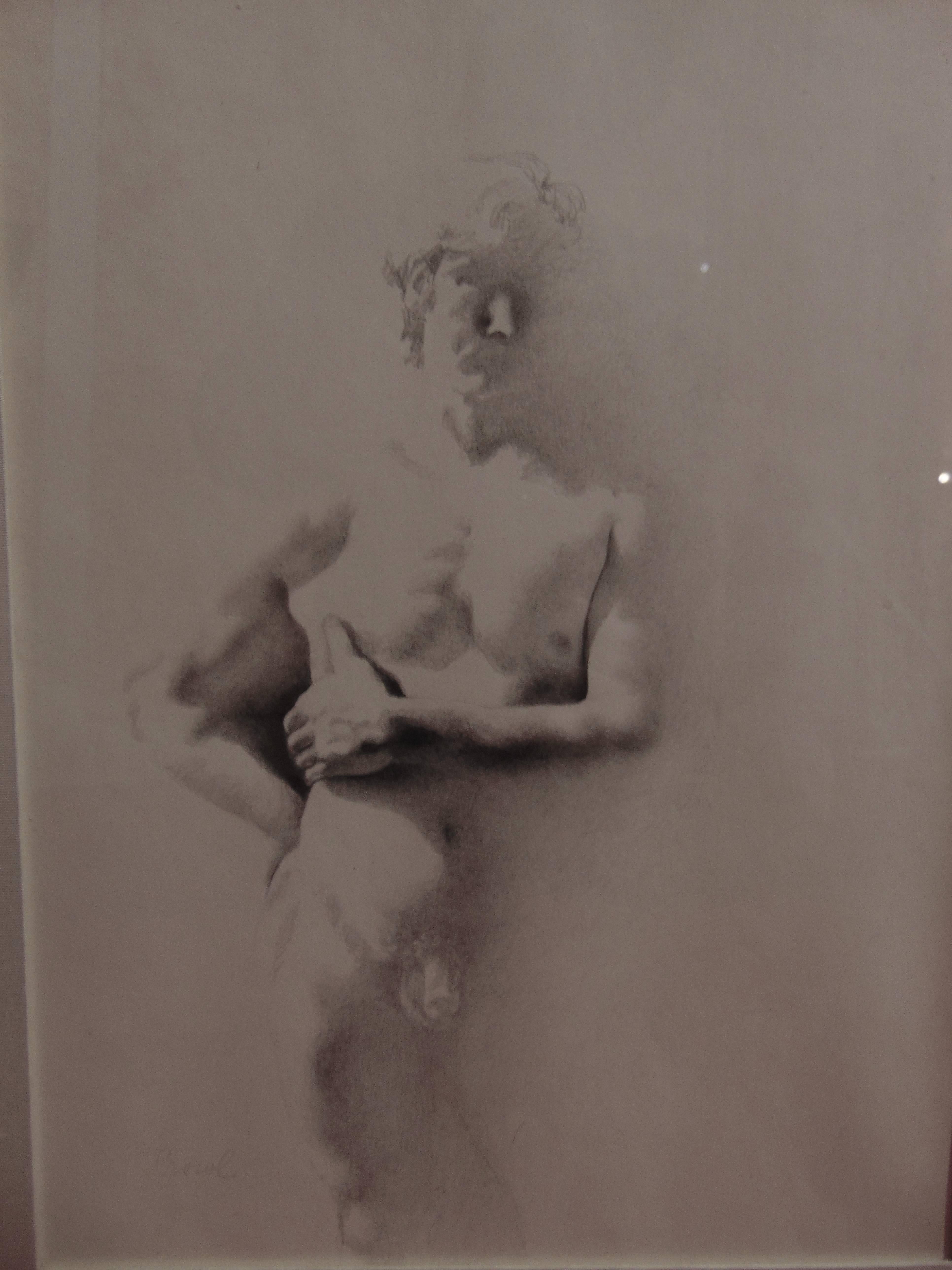 A male nude drawing, pencil on paper by Robert Crowl (1921) Crowl is known for his youthful nudes in a domestic situation. This drawing dates from Crowl's exhibition at the Graham Gallery in New York City in 1971. In original frame, The drawing size
