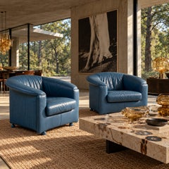 Aura Blue Leather Armchairs by Paolo Piva for Wittmann, 1980s