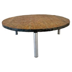 Brutalist Round Raw Slate Stone Coffee Table, France 1970