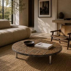 Brutalist Round Raw Slate Stone Coffee Table, France 1970