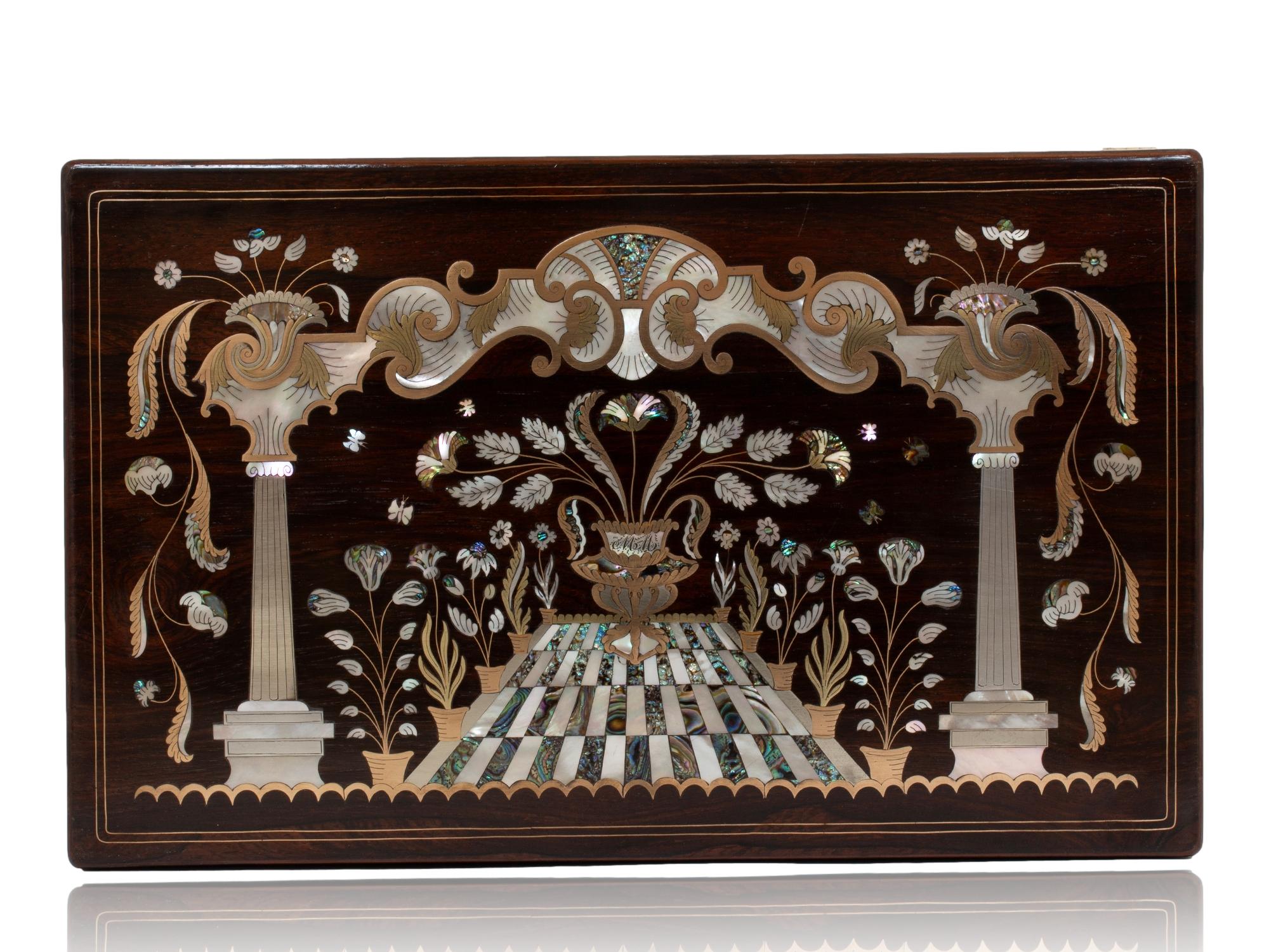 Antiker Palisander-Schreibkasten mit Intarsien von Hausburg (Muschel) im Angebot