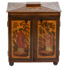 Antique English Regency Tunbridge Ware Chinoiserie Sewing Work Table Cabinet