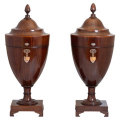 George III Antique English Pair of Mahogany Knife Urns with Boxwood Stringing