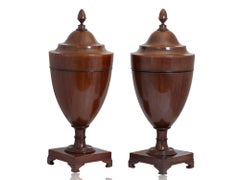 George III Antique English Pair of Mahogany Knife Urns with Boxwood Stringing