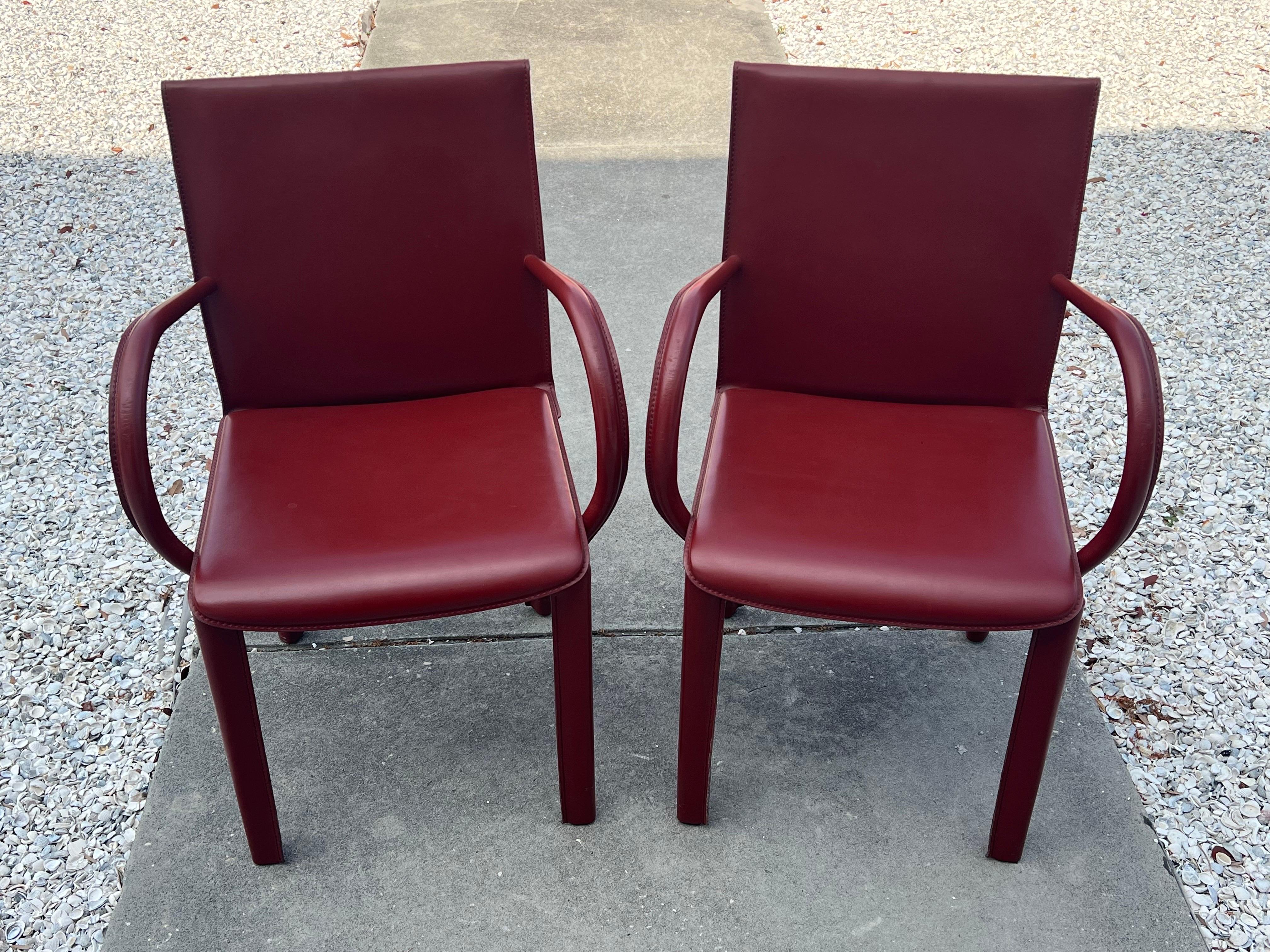 Pair of Italian Burgundy Leather Armchairs by Arper 7