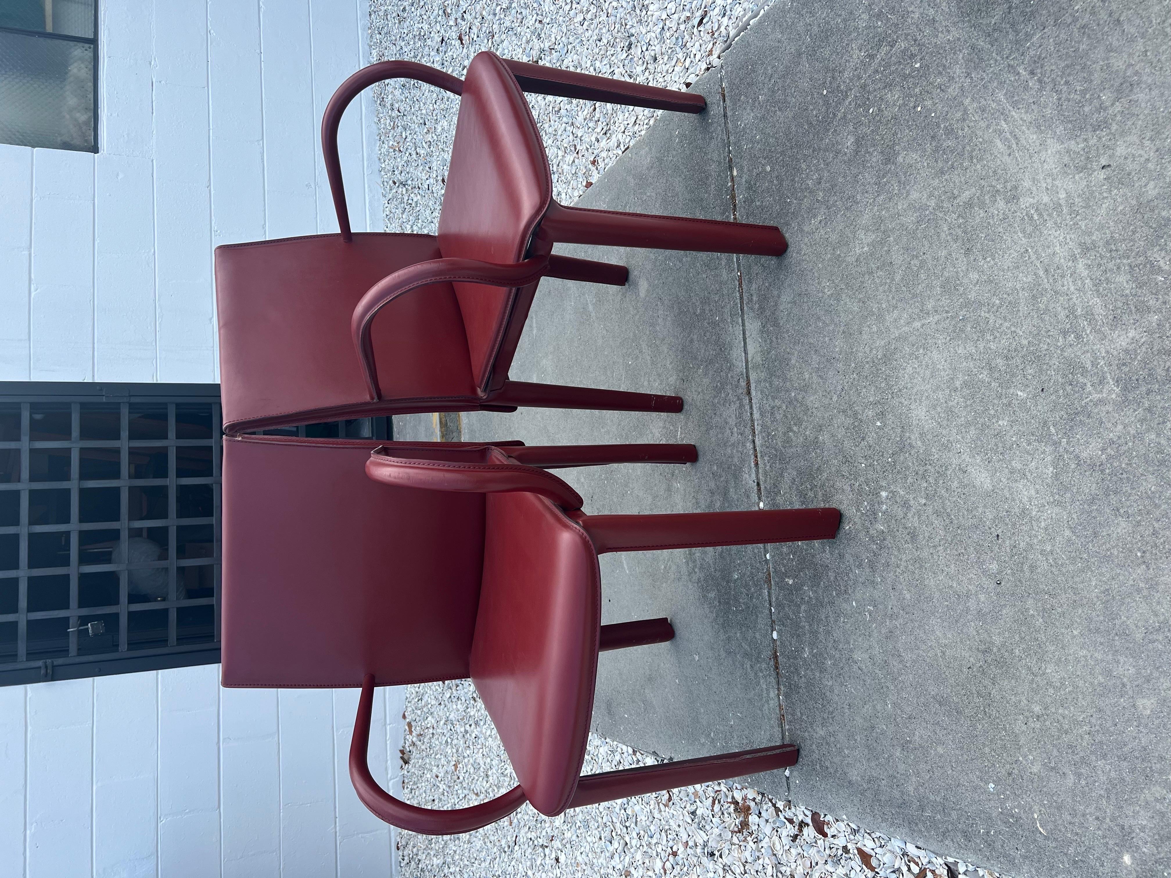 Pair of Italian Burgundy Leather Armchairs by Arper 10