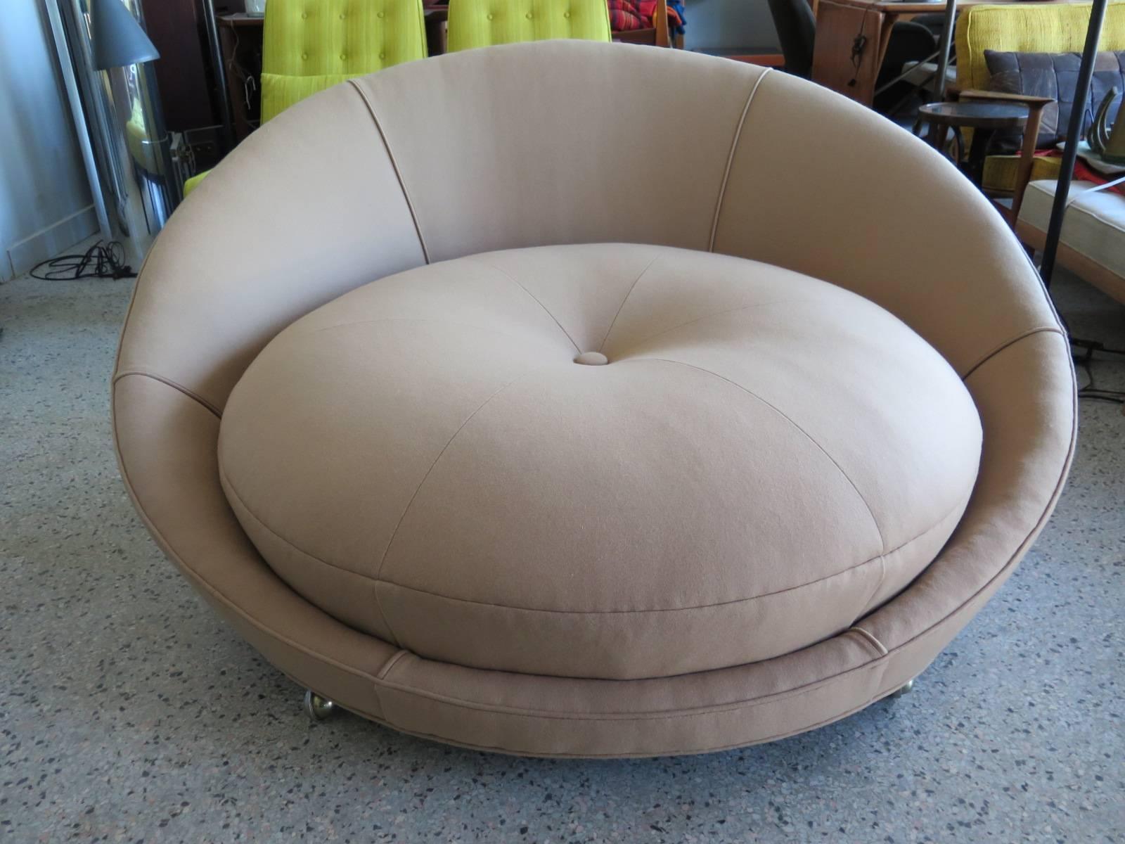 Fantastic and fun large round chair by Milo Baughman, shaped like a button. New wool upholstery.