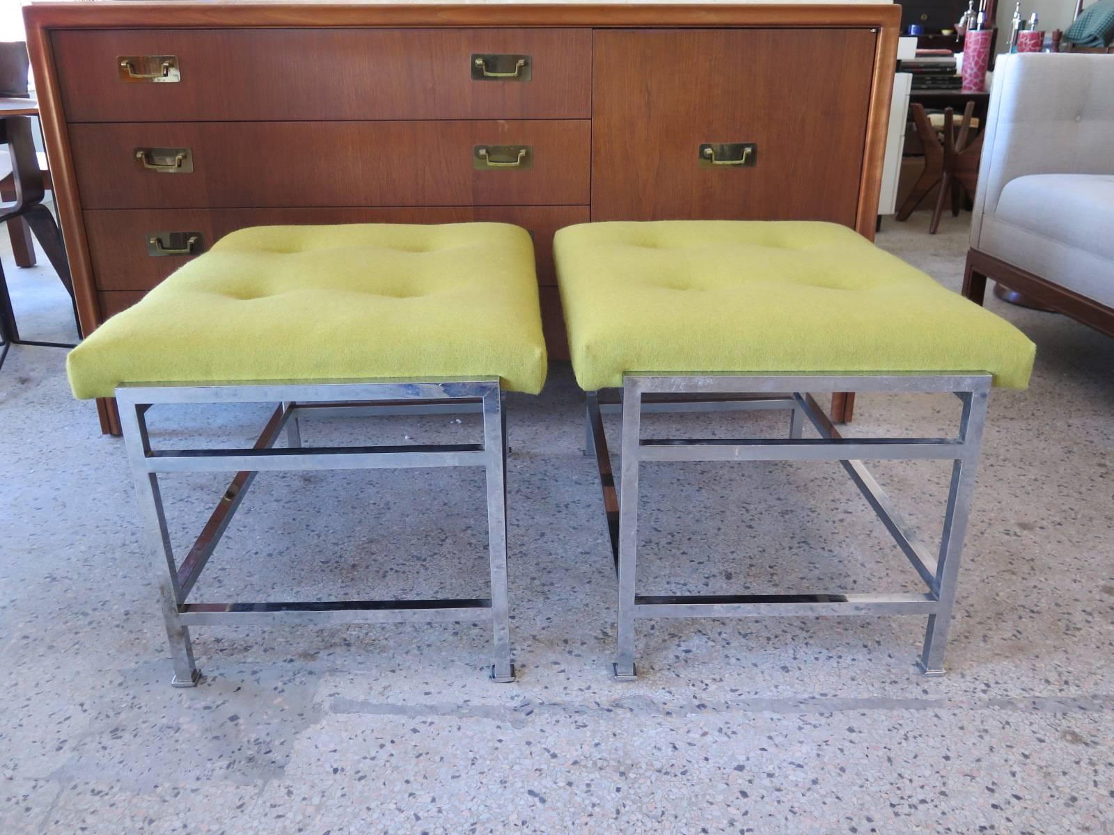 A Classic Edward Wormley for Dunbar upholstered benches, model # 5428. Nickeled brass frames, upholstered seats.