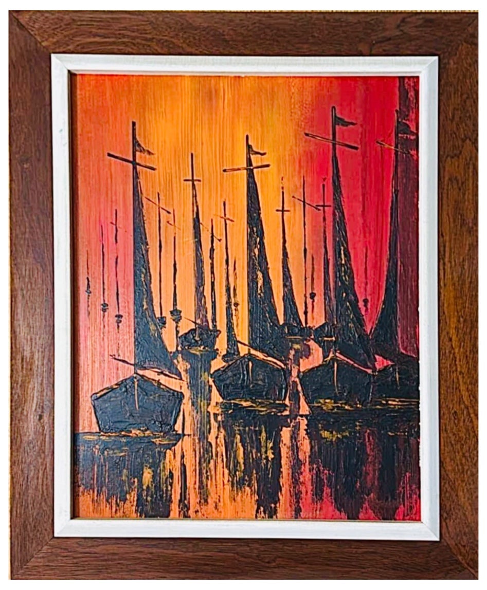 Vintage W. Kwan Mid Century Modern Fiery Abstract Sailboats Nautical Painting