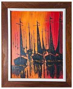 Vintage W. Kwan Mid Century Modern Fiery Abstract Sailboats Nautical Painting