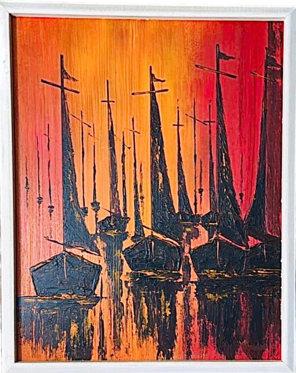 Vintage Mid Century Modern Fiery Orange Abstract Sunset Sailboats Nautical Oil Painting Framed by Chinese-Canadian artist W. Kwan.

A bold, fiery background of reds, oranges,, and yellows, accent the black silhouetted abstraction of hulls, tall